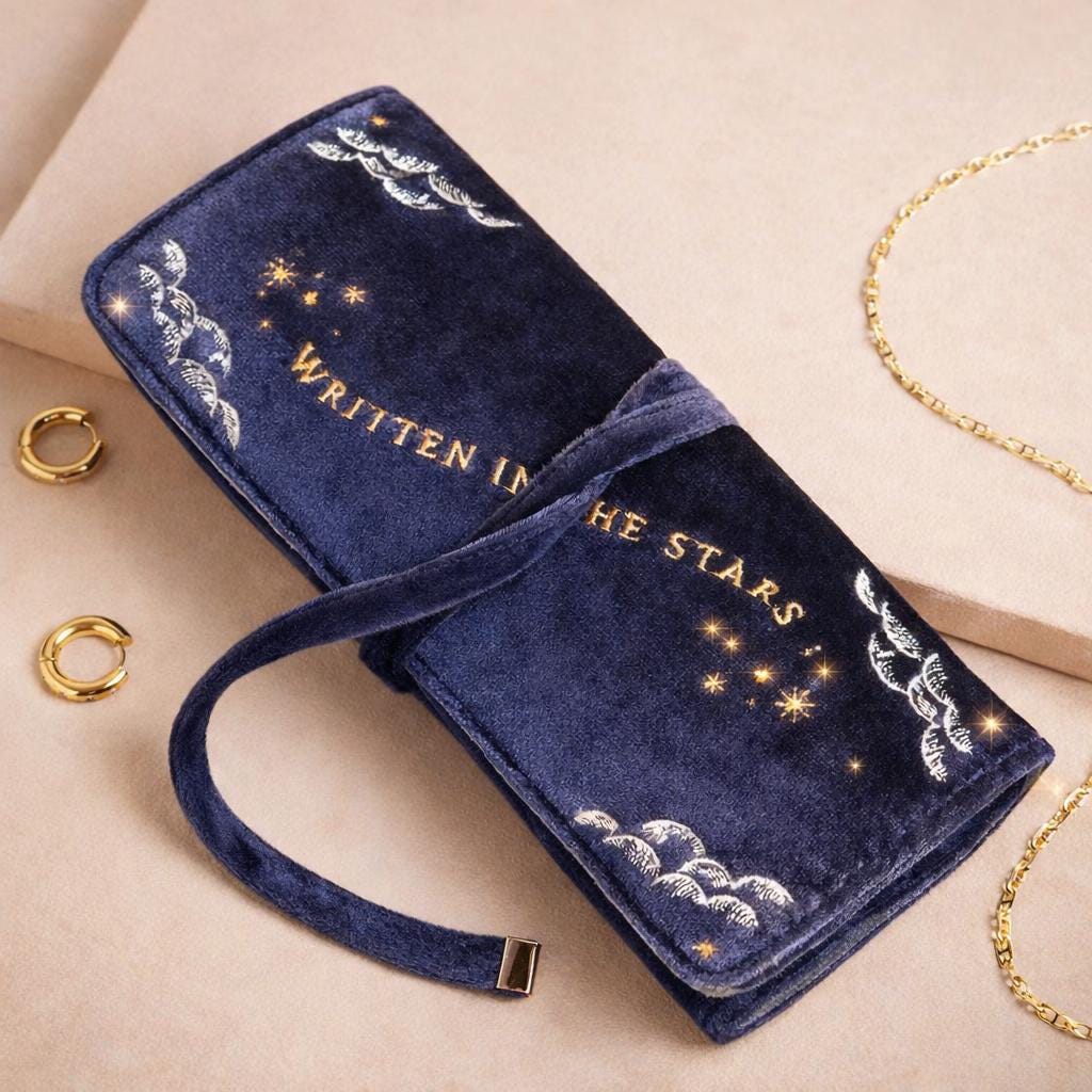 Celestial Velvet Jewelry Roll – Embroidered Stars, Astrology Travel Organizer