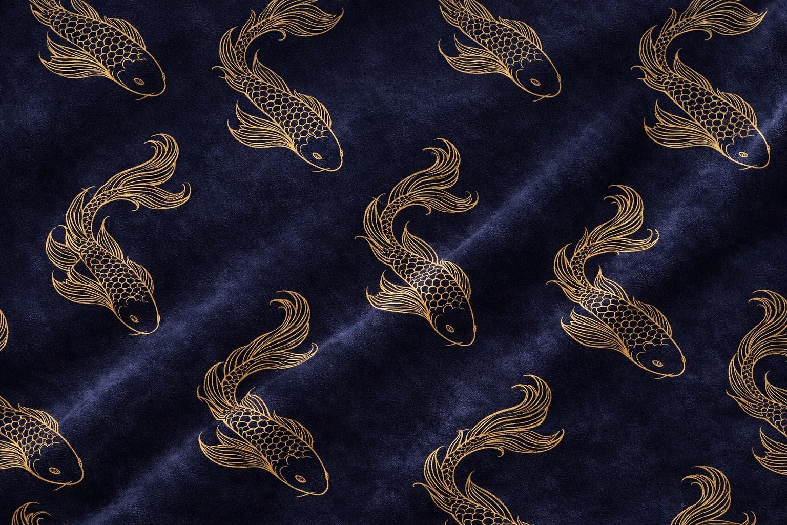 Navy Gold Koi Fish Upholstery Fabric by the Yard, Designer Home Decor Textile