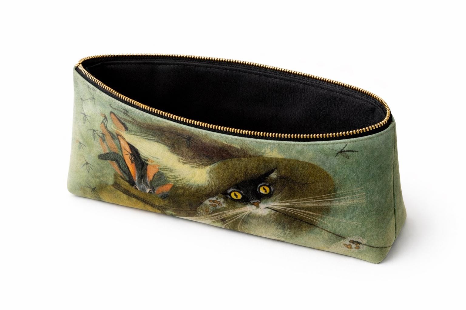 Velvet Cat Illustration Pouch – Vintage Art Cosmetic Bag, Cottagecore Zipper Pouch
