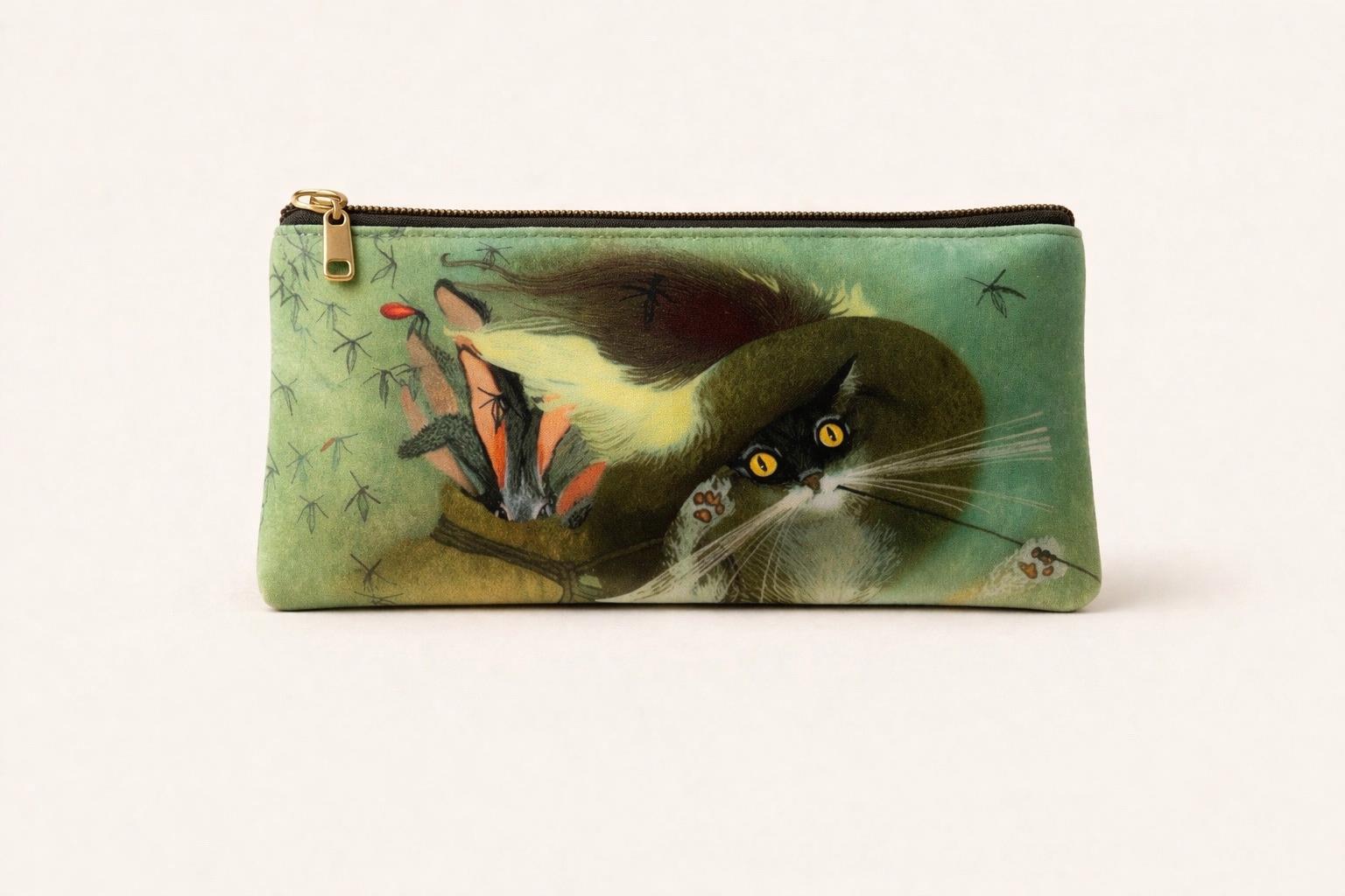 Velvet Cat Illustration Pouch – Vintage Art Cosmetic Bag, Cottagecore Zipper Pouch