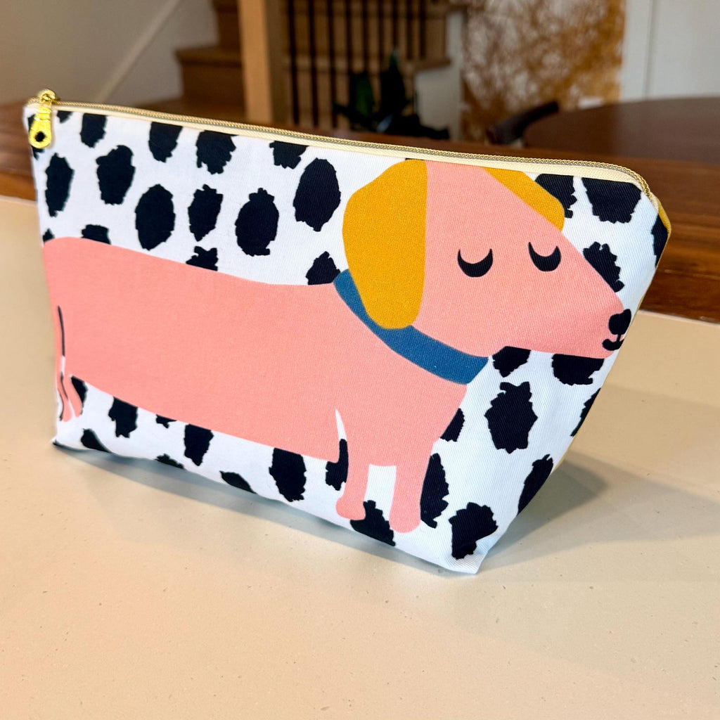 Dachshund Canvas Makeup Bag, Velvet Back Zipper Pouch, Dog Lover Gift