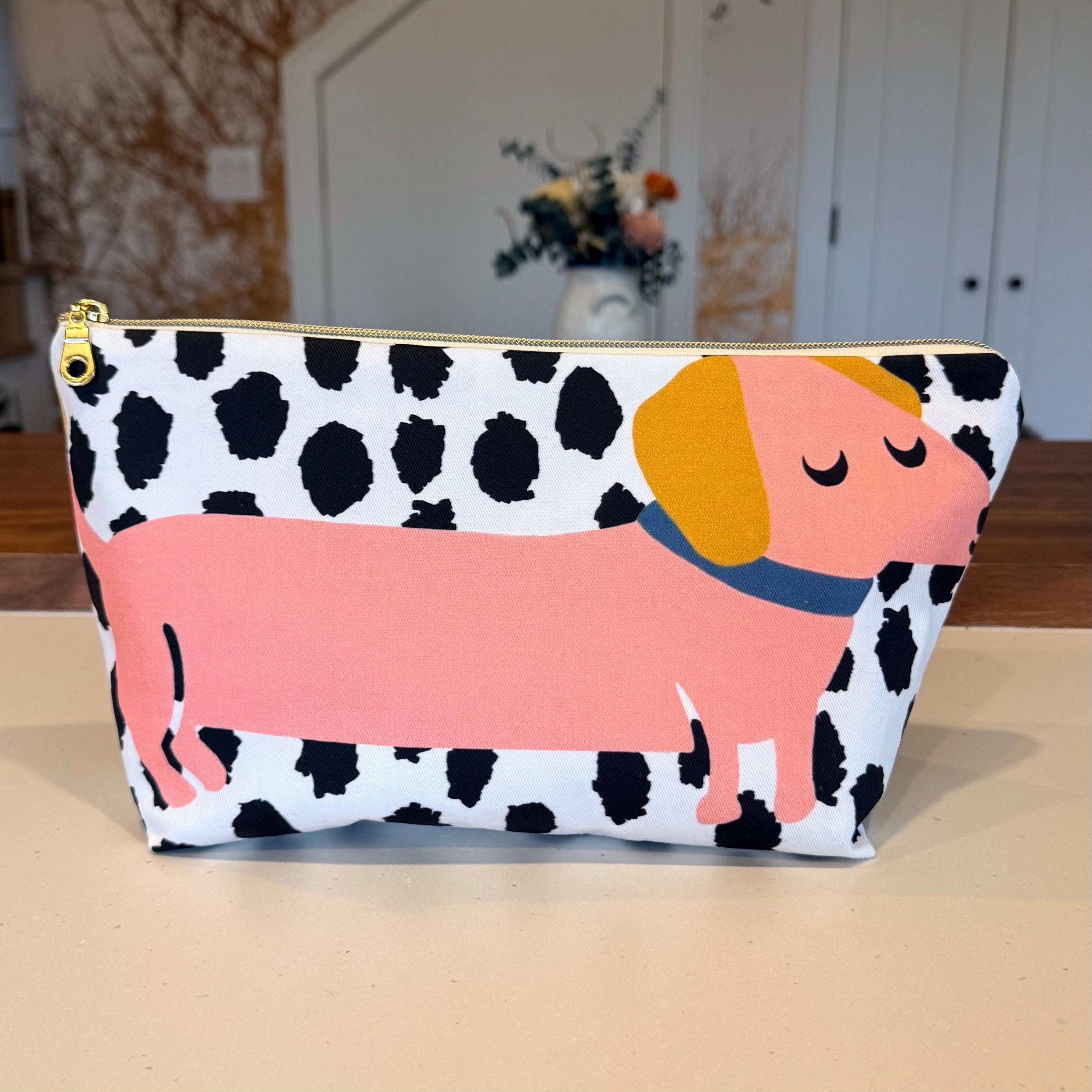 Dachshund Canvas Makeup Bag, Velvet Back Zipper Pouch, Dog Lover Gift
