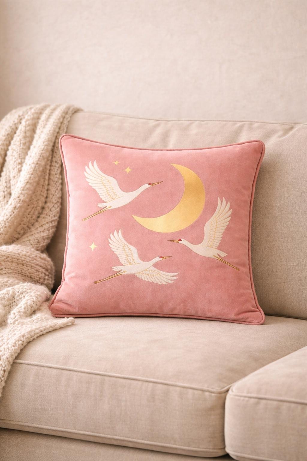 Velvet Crane Pillow Cover |Bird Cushion, Crescent Moon Throw Pillow