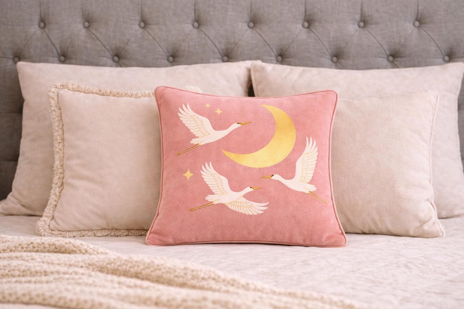 Velvet Crane Pillow Cover |Bird Cushion, Crescent Moon Throw Pillow