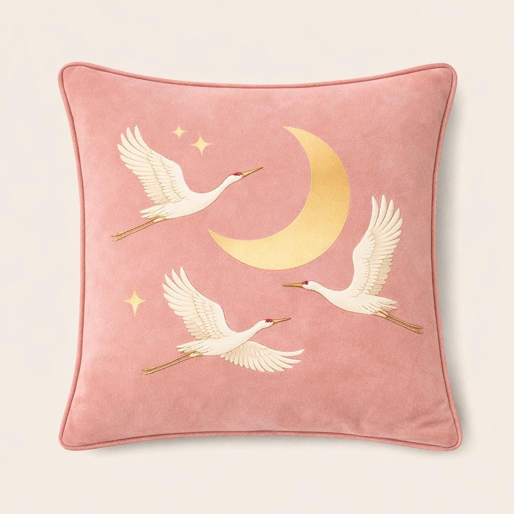 Velvet Crane Pillow Cover |Bird Cushion, Crescent Moon Throw Pillow