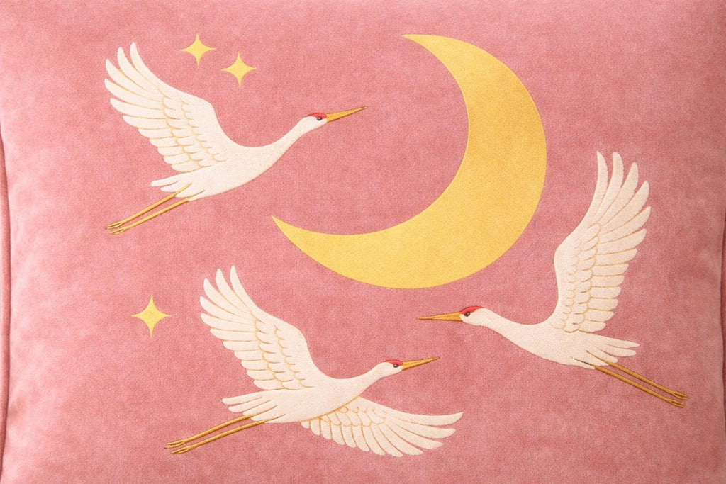 Velvet Crane Pillow Cover |Bird Cushion, Crescent Moon Throw Pillow
