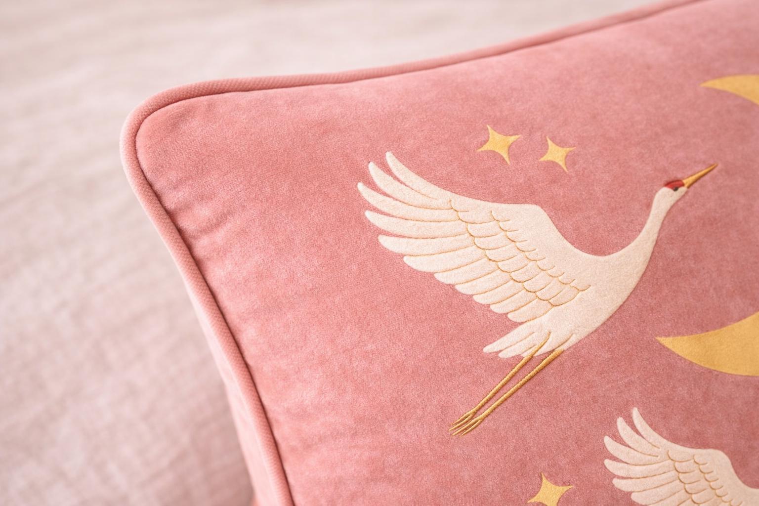 Velvet Crane Pillow Cover |Bird Cushion, Crescent Moon Throw Pillow