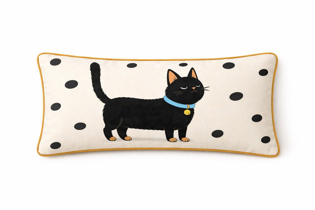 Black Cat Lumbar Pillow Cover | Polka Dot Cushion | Illustrated Pet Decor