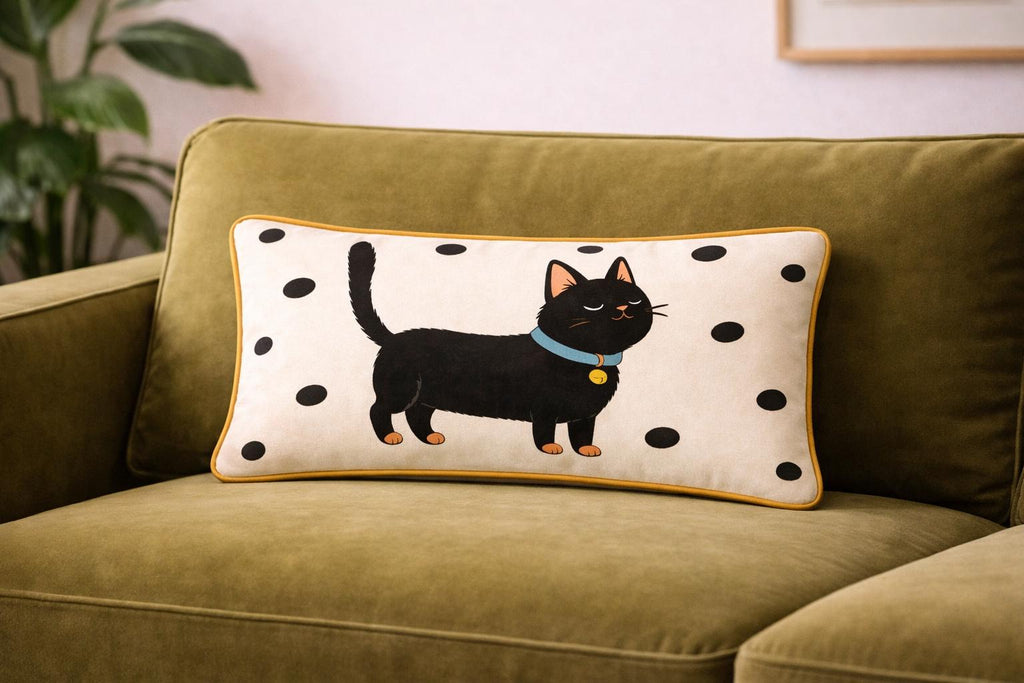 Black Cat Lumbar Pillow Cover | Polka Dot Cushion | Illustrated Pet Decor