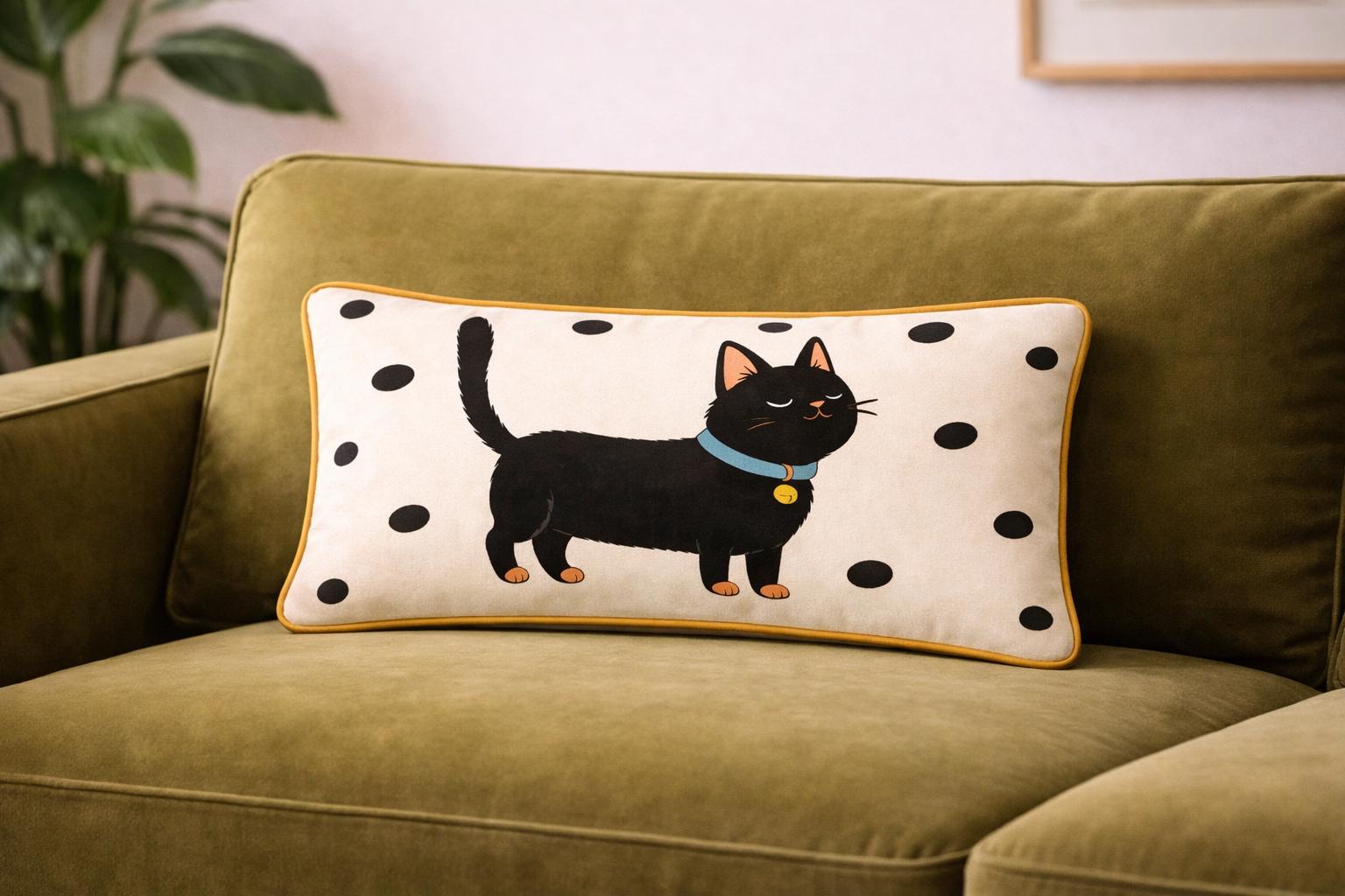 Black Cat Lumbar Pillow Cover | Polka Dot Cushion | Illustrated Pet Decor