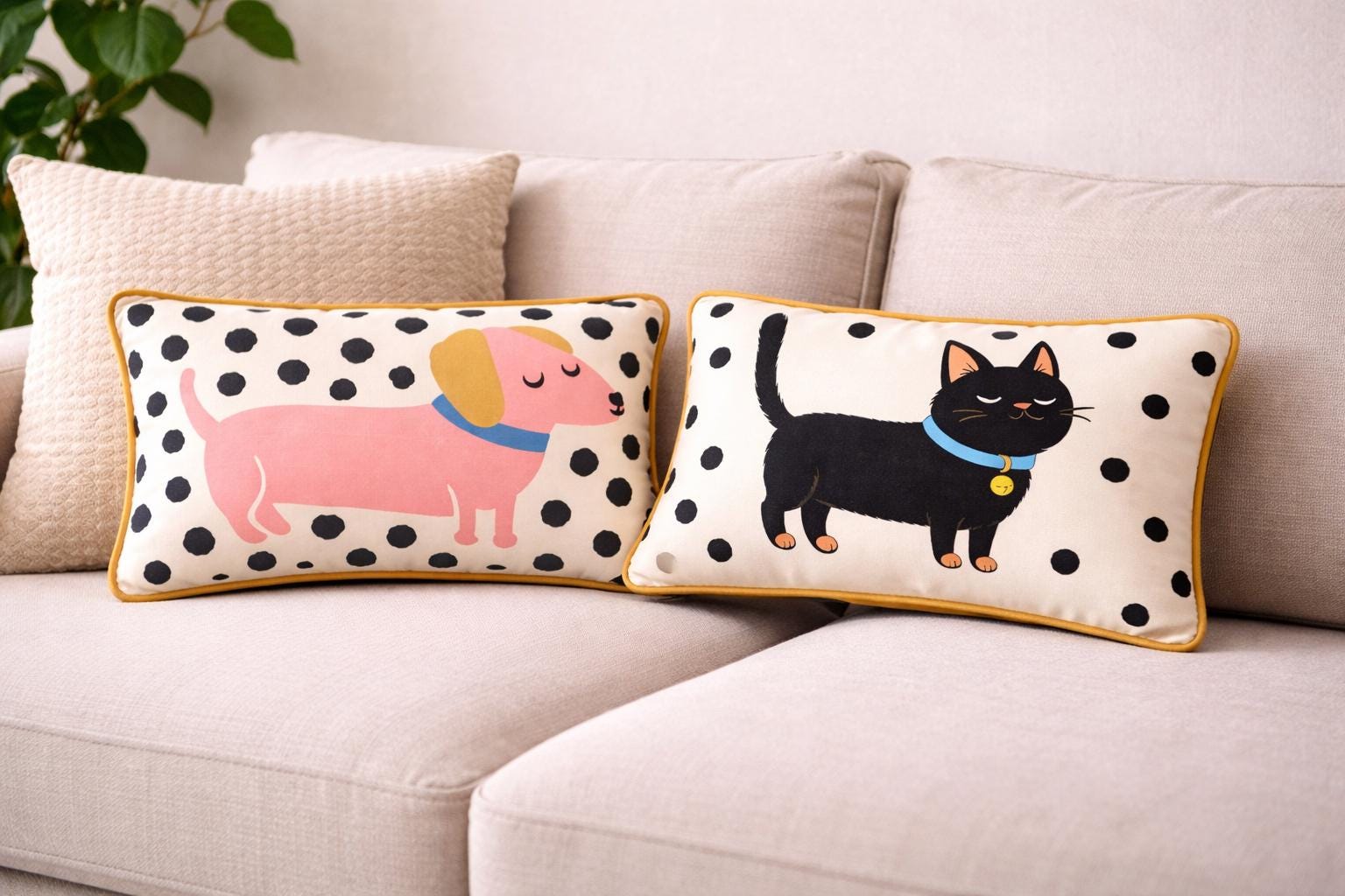 Black Cat Lumbar Pillow Cover | Polka Dot Cushion | Illustrated Pet Decor