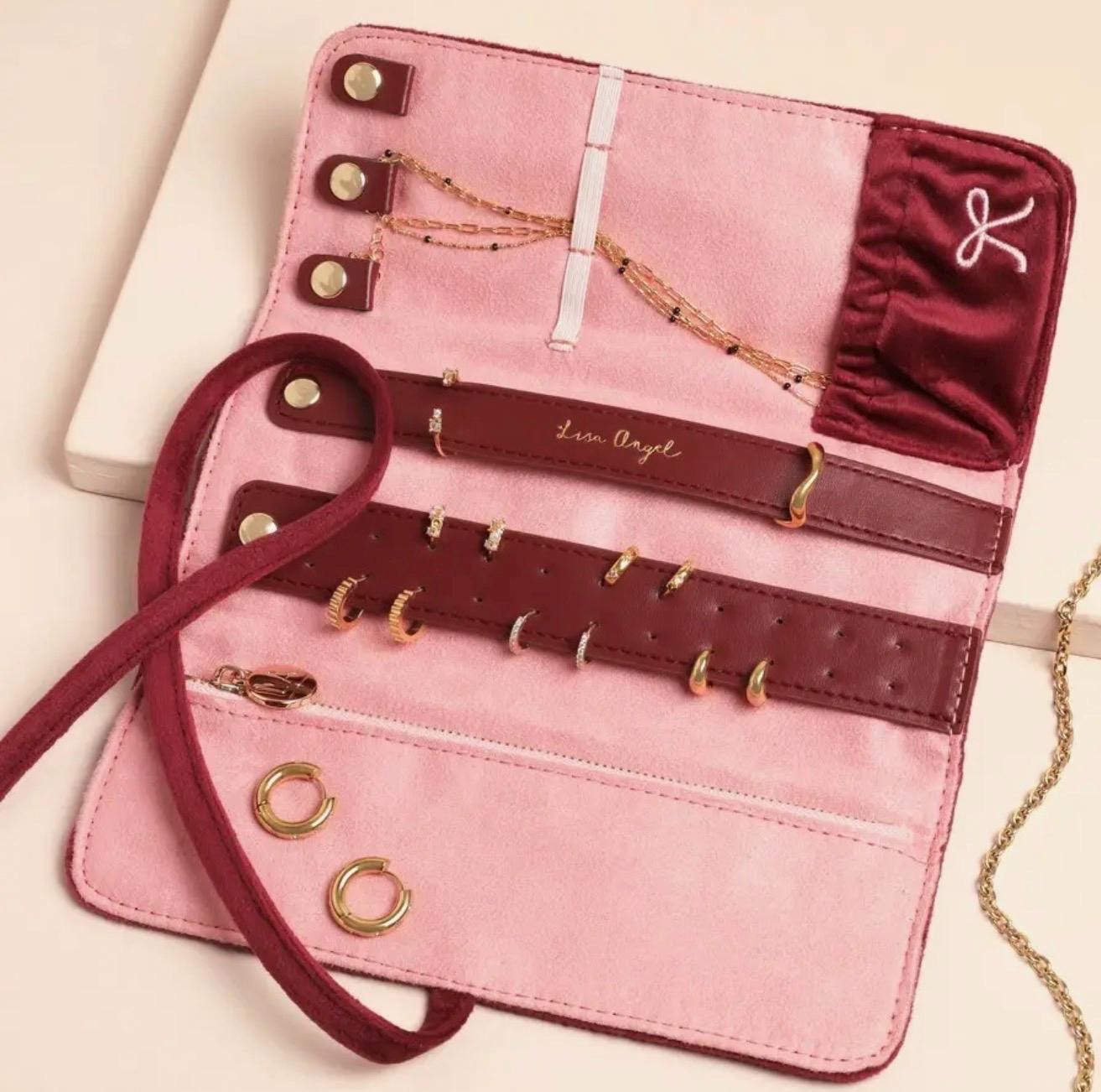 Burgundy Velvet Jewelry Roll – Embroidered Bow Travel Organizer