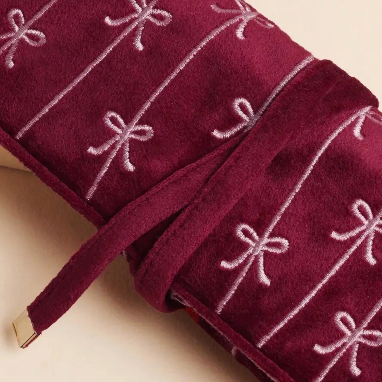 Burgundy Velvet Jewelry Roll – Embroidered Bow Travel Organizer