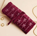 Burgundy Velvet Jewelry Roll – Embroidered Bow Travel Organizer