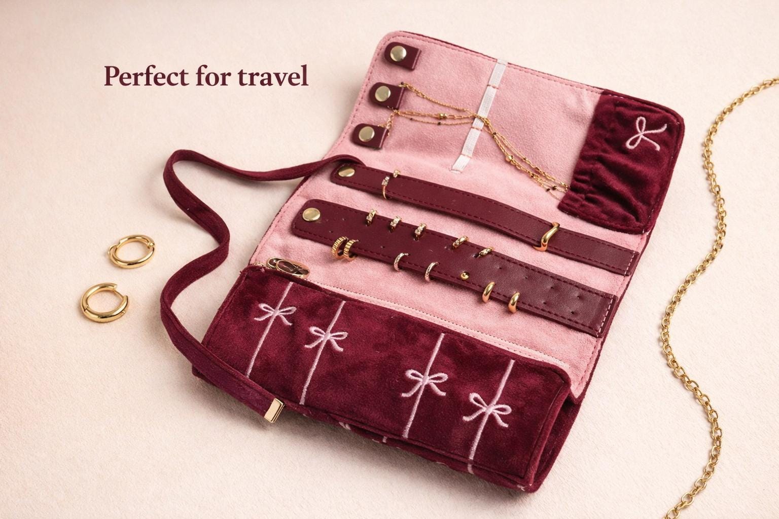 Burgundy Velvet Jewelry Roll – Embroidered Bow Travel Organizer