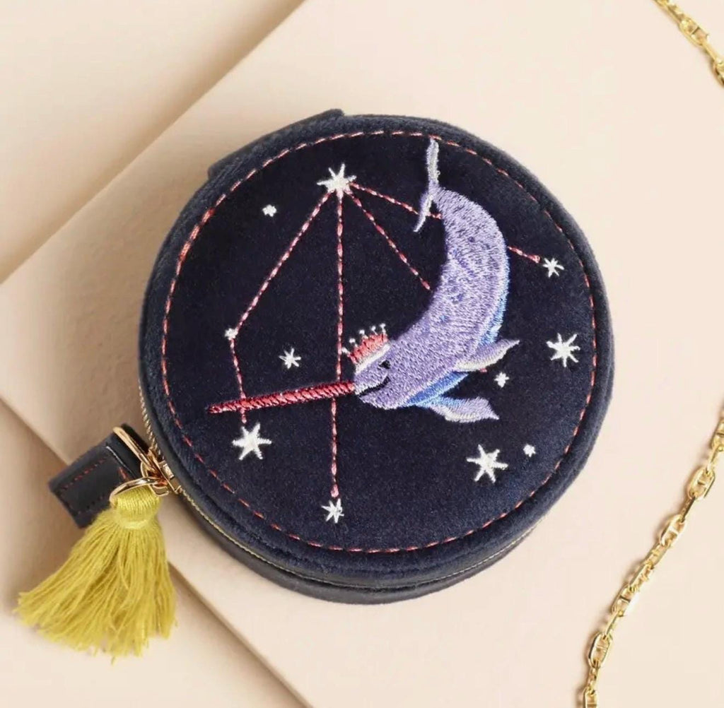 Velvet Zodiac Jewelry Case – Embroidered Narwhal Constellation Travel Organizer