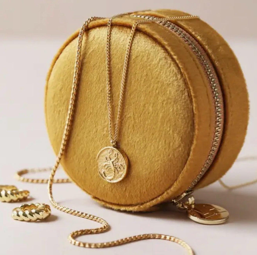 Mustard Velvet Round Travel Jewelry Case – Floral Lined Organizer Holder