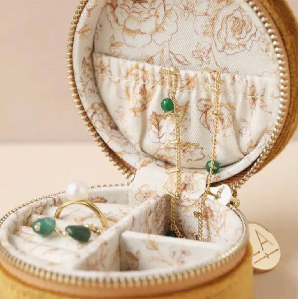 Mustard Velvet Round Travel Jewelry Case – Floral Lined Organizer Holder