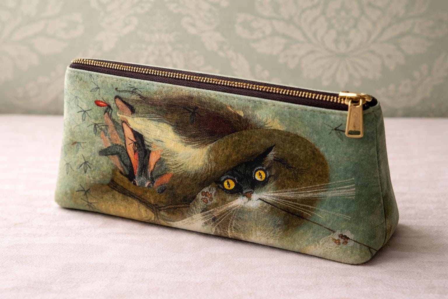 Velvet Cat Illustration Pouch – Vintage Art Cosmetic Bag, Cottagecore Zipper Pouch