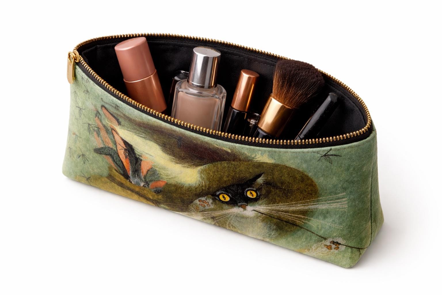 Velvet Cat Illustration Pouch – Vintage Art Cosmetic Bag, Cottagecore Zipper Pouch