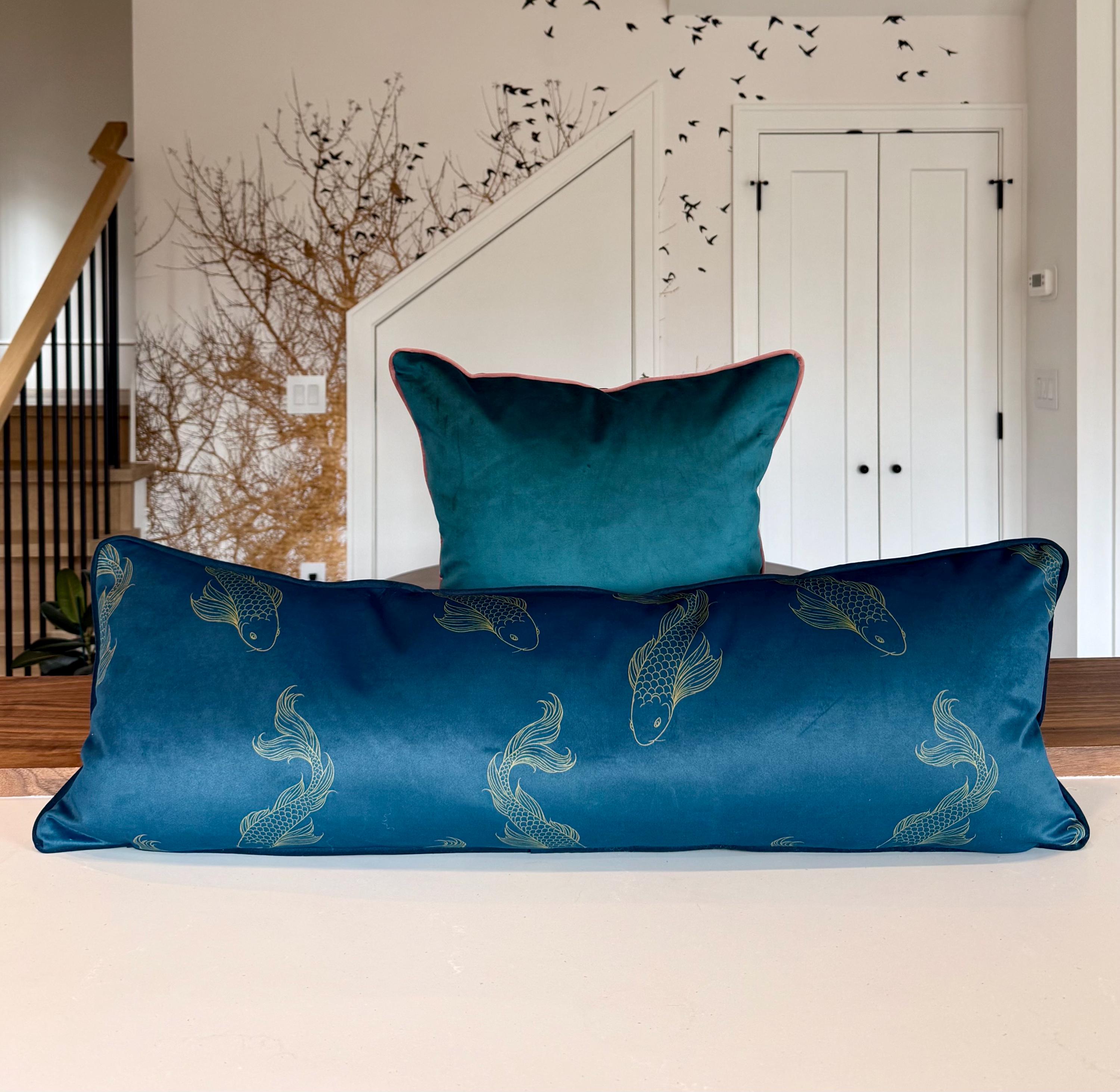 Navy Velvet Lumbar Pillow Cover, Gold Koi Fish Design, 14x38 Decorative Throw