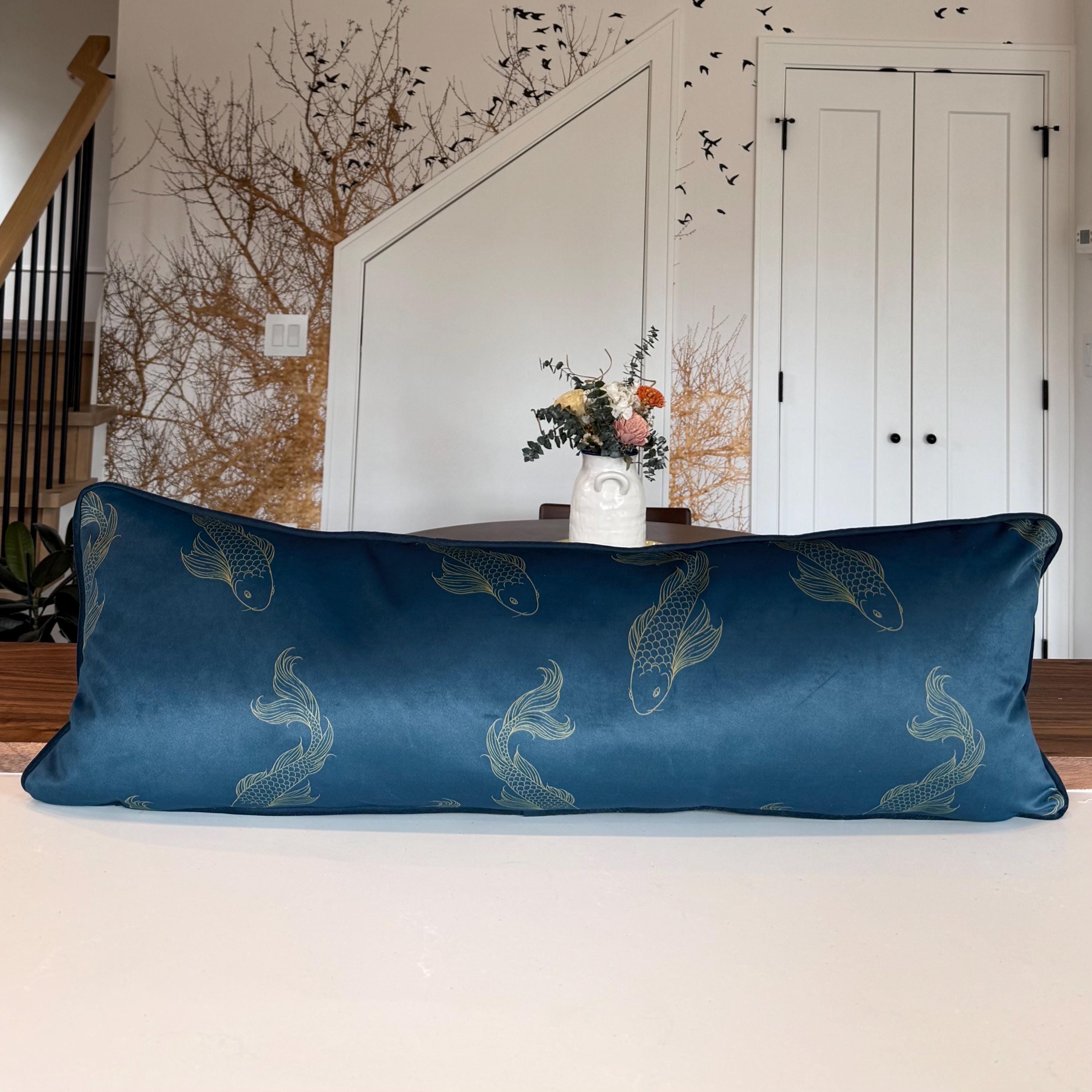 Navy Velvet Lumbar Pillow Cover, Gold Koi Fish Design, 14x38 Decorative Throw