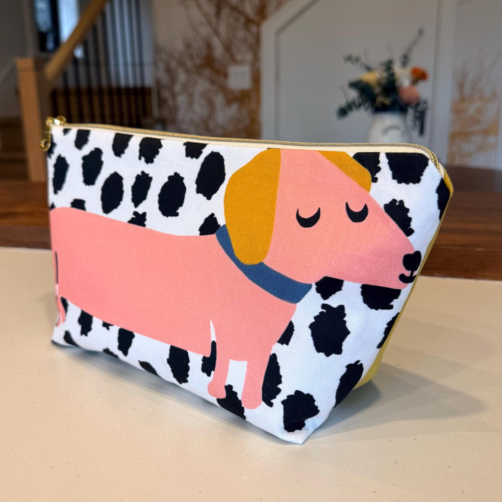 Dachshund Canvas Makeup Bag, Velvet Back Zipper Pouch, Dog Lover Gift