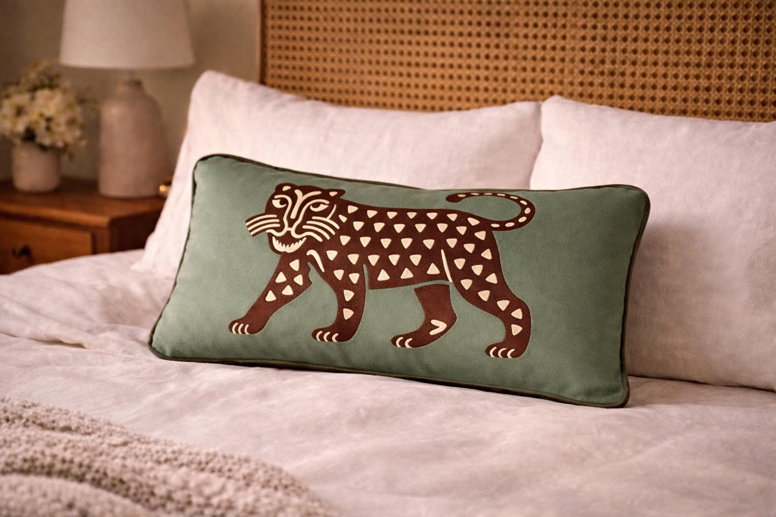 Jaguar Velvet Lumbar Throw Pillow Cover, Mexican Folk Art Boho Home Decor