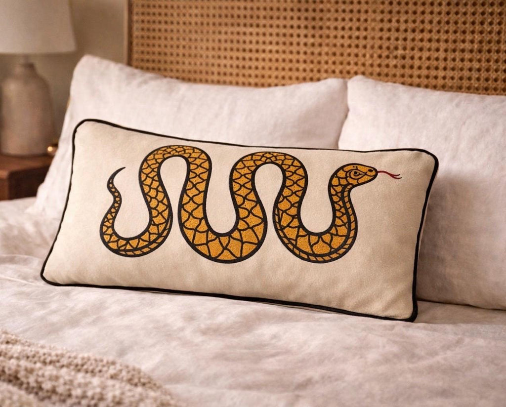 Velvet Snake Lumbar Pillow, Cream Folk Art Cushion, Boho Home Decor