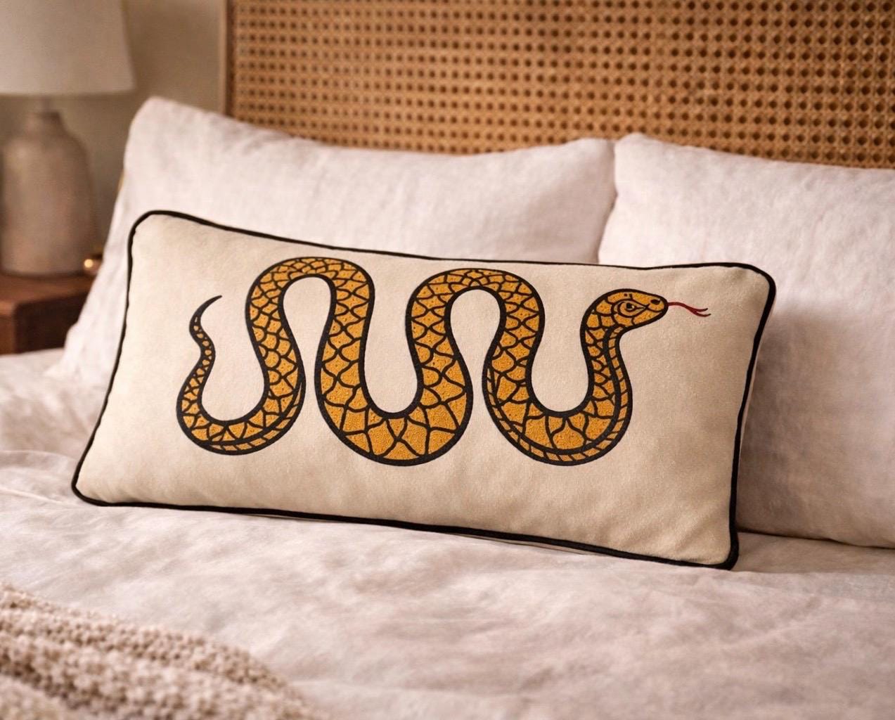 Velvet Snake Lumbar Pillow, Cream Folk Art Cushion, Boho Home Decor