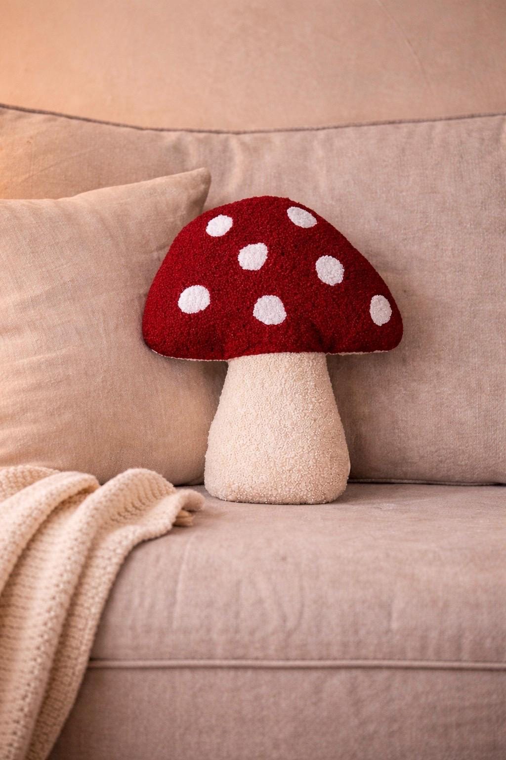 Sculptural Mushroom Boucle Pillow, Red Whimsical Statement Cushion
