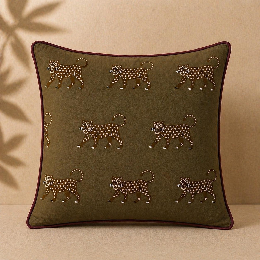 Olive Jaguar Velvet Pillow Cover, Wine Piping Decorative Cushion, 18x18