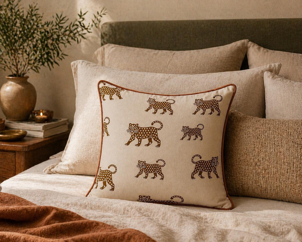 Cream Velvet Jaguar Pillow Cover, Rust Piping, Boho Throw Cushion 18x18