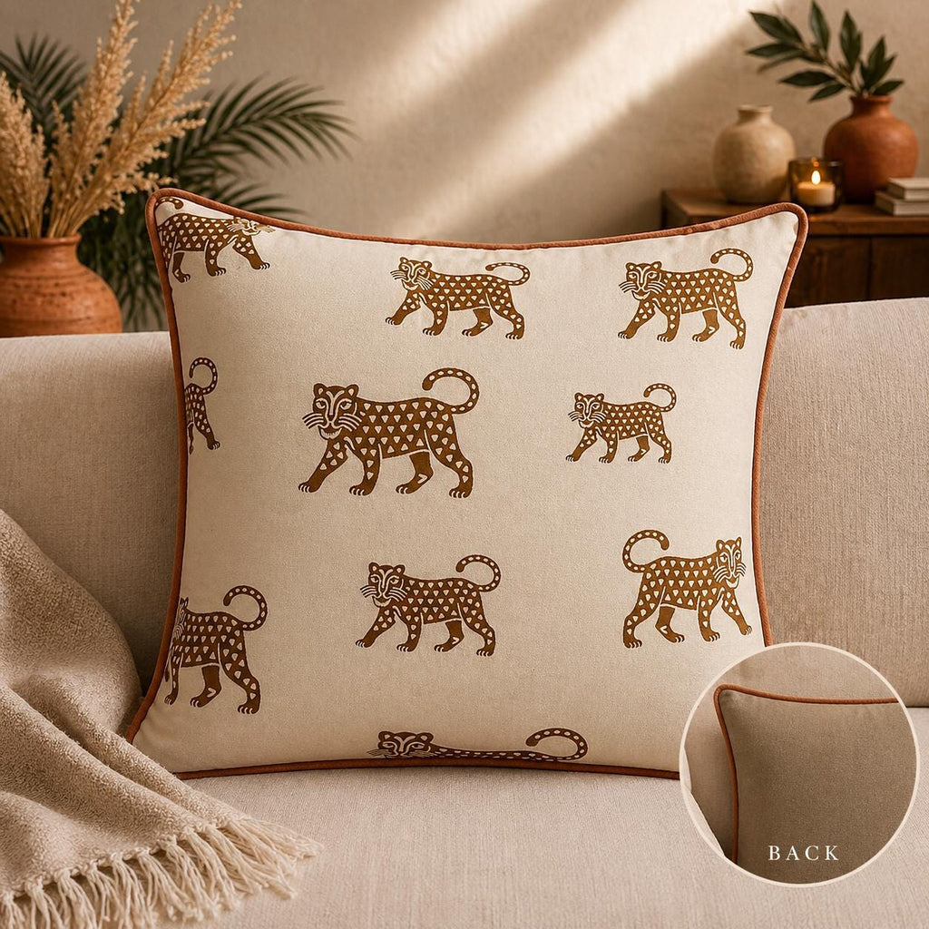 Cream Velvet Jaguar Pillow Cover, Rust Piping, Boho Throw Cushion 18x18