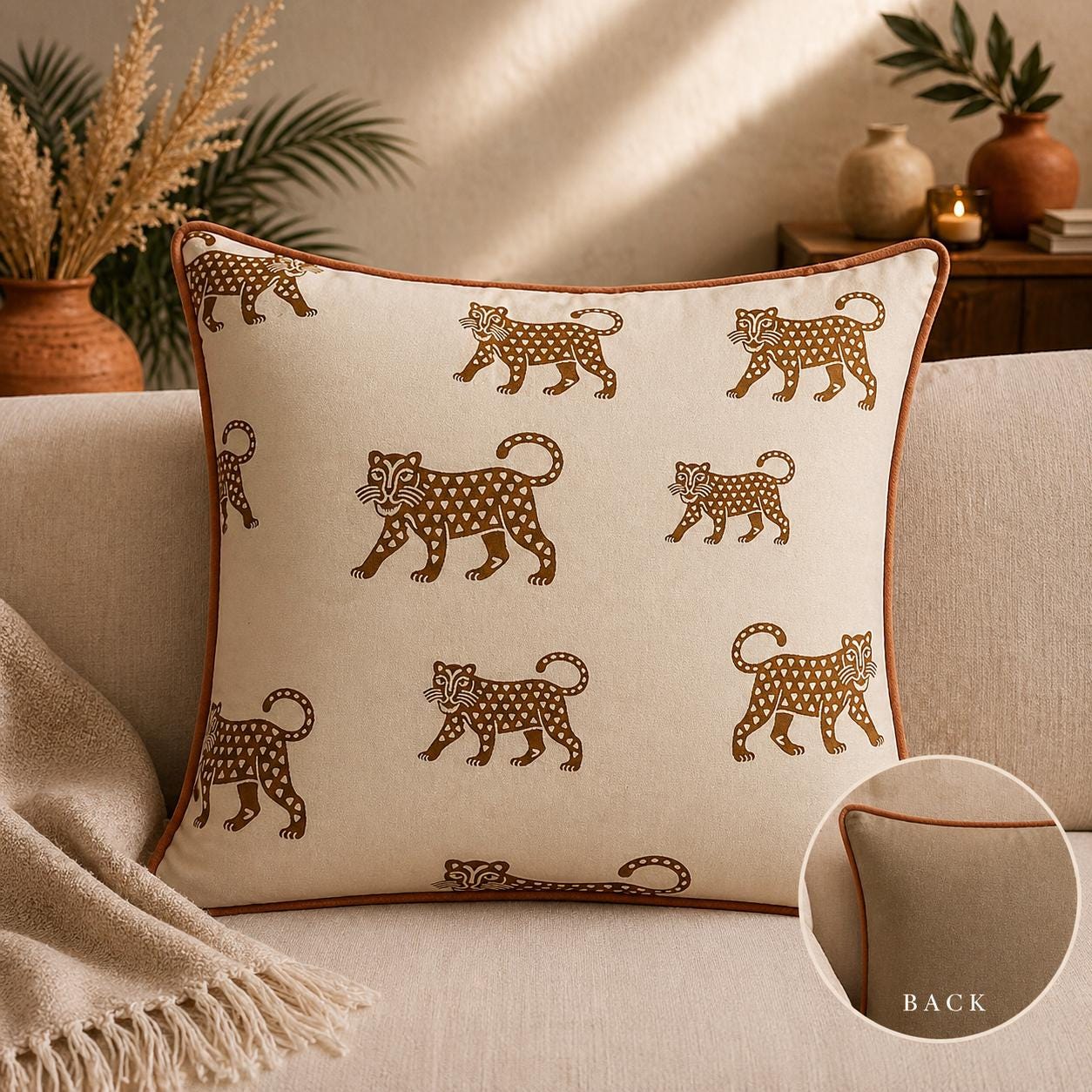 Cream Velvet Jaguar Pillow Cover, Rust Piping, Boho Throw Cushion 18x18