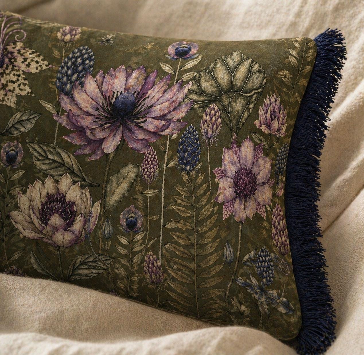 Botanical Velvet Lumbar Pillow Cover, Olive Cream Floral Throw Cushion, Navy Fringe Home Decor