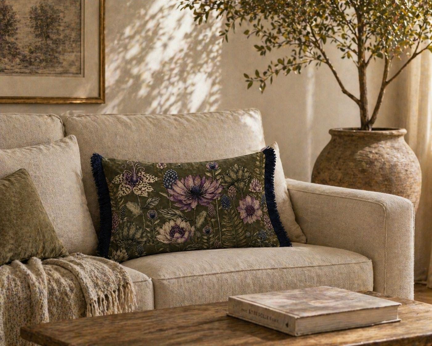 Botanical Velvet Lumbar Pillow Cover, Olive Cream Floral Throw Cushion, Navy Fringe Home Decor