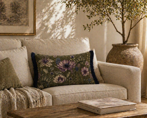 Botanical Velvet Lumbar Pillow Cover, Olive Cream Floral Throw Cushion, Navy Fringe Home Decor