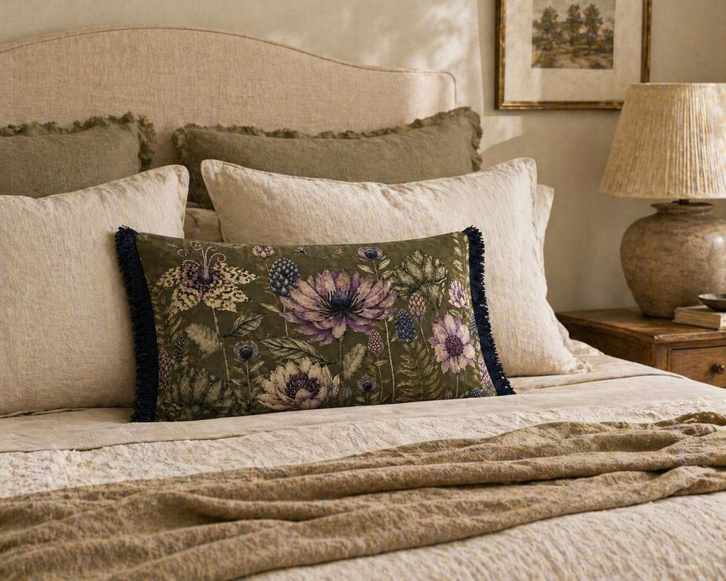 Botanical Velvet Lumbar Pillow Cover, Olive Cream Floral Throw Cushion, Navy Fringe Home Decor