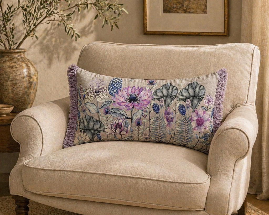 Botanical Velvet Lumbar Pillow Cover, Cream Floral Throw Cushion, Navy Fringe Home Decor