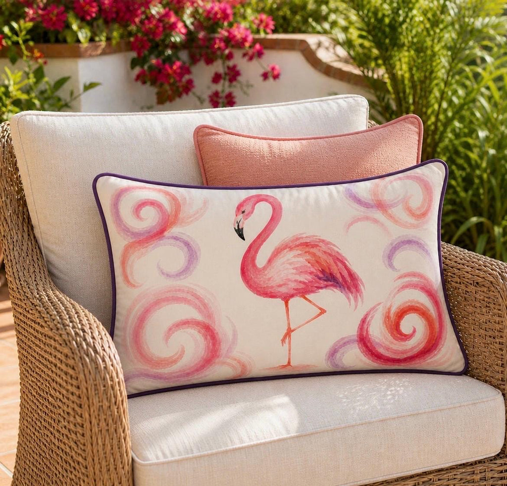 Flamingo Lumbar Pillow Cover, Watercolor Tropical Boho Decor, Purple Piping Accent
