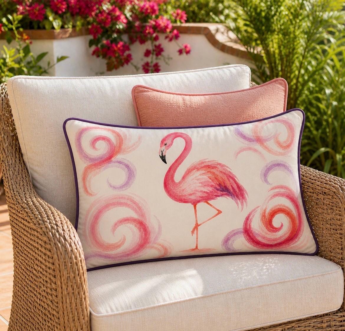 Flamingo Lumbar Pillow Cover, Watercolor Tropical Boho Decor, Purple Piping Accent