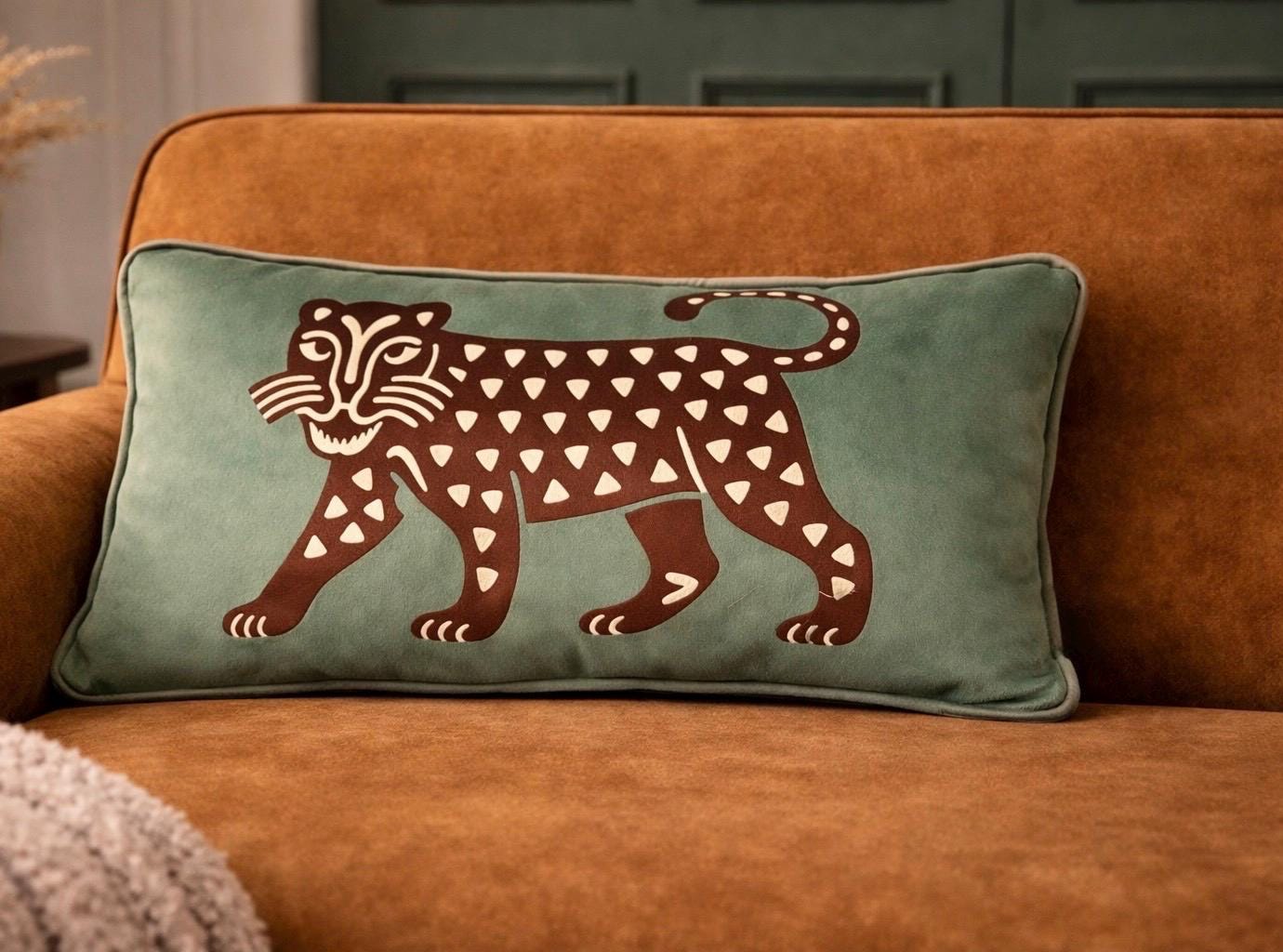 Jaguar Velvet Lumbar Throw Pillow Cover, Mexican Folk Art Boho Home Decor