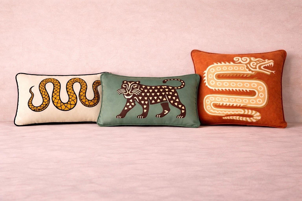 Velvet Snake Lumbar Pillow, Cream Folk Art Cushion, Boho Home Decor