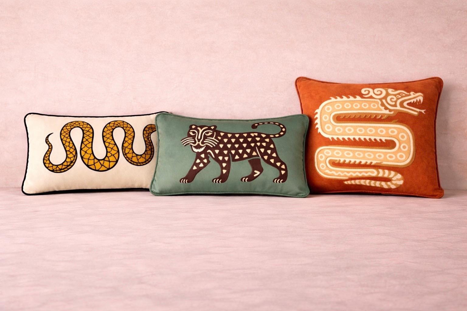 Velvet Snake Lumbar Pillow, Cream Folk Art Cushion, Boho Home Decor