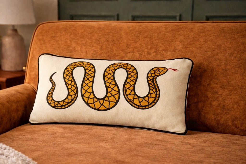 Velvet Snake Lumbar Pillow, Cream Folk Art Cushion, Boho Home Decor