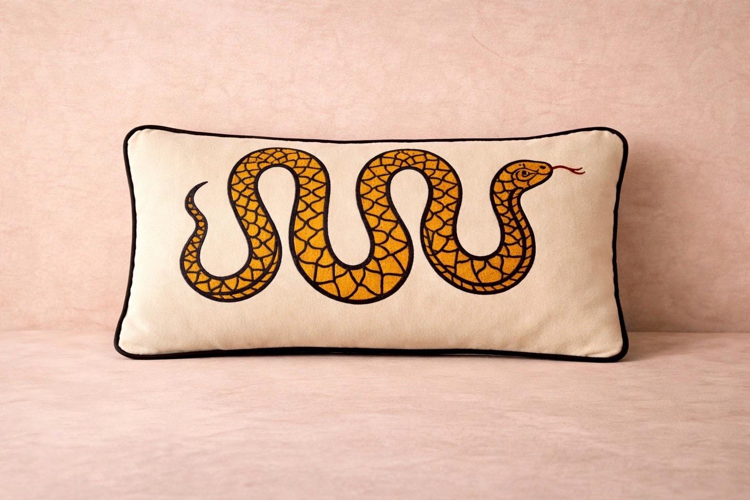 Velvet Snake Lumbar Pillow, Cream Folk Art Cushion, Boho Home Decor