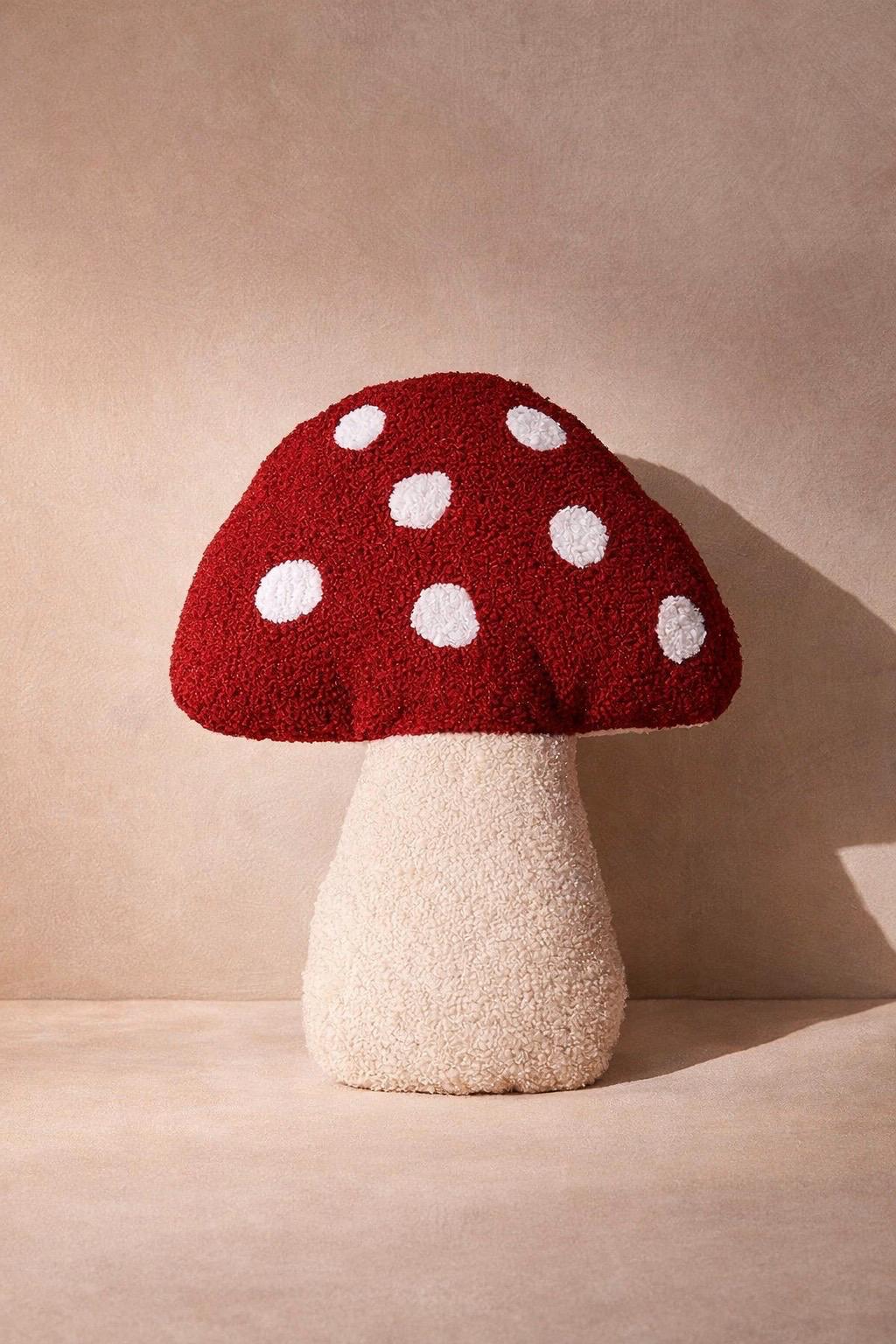 Sculptural Mushroom Boucle Pillow, Red Whimsical Statement Cushion