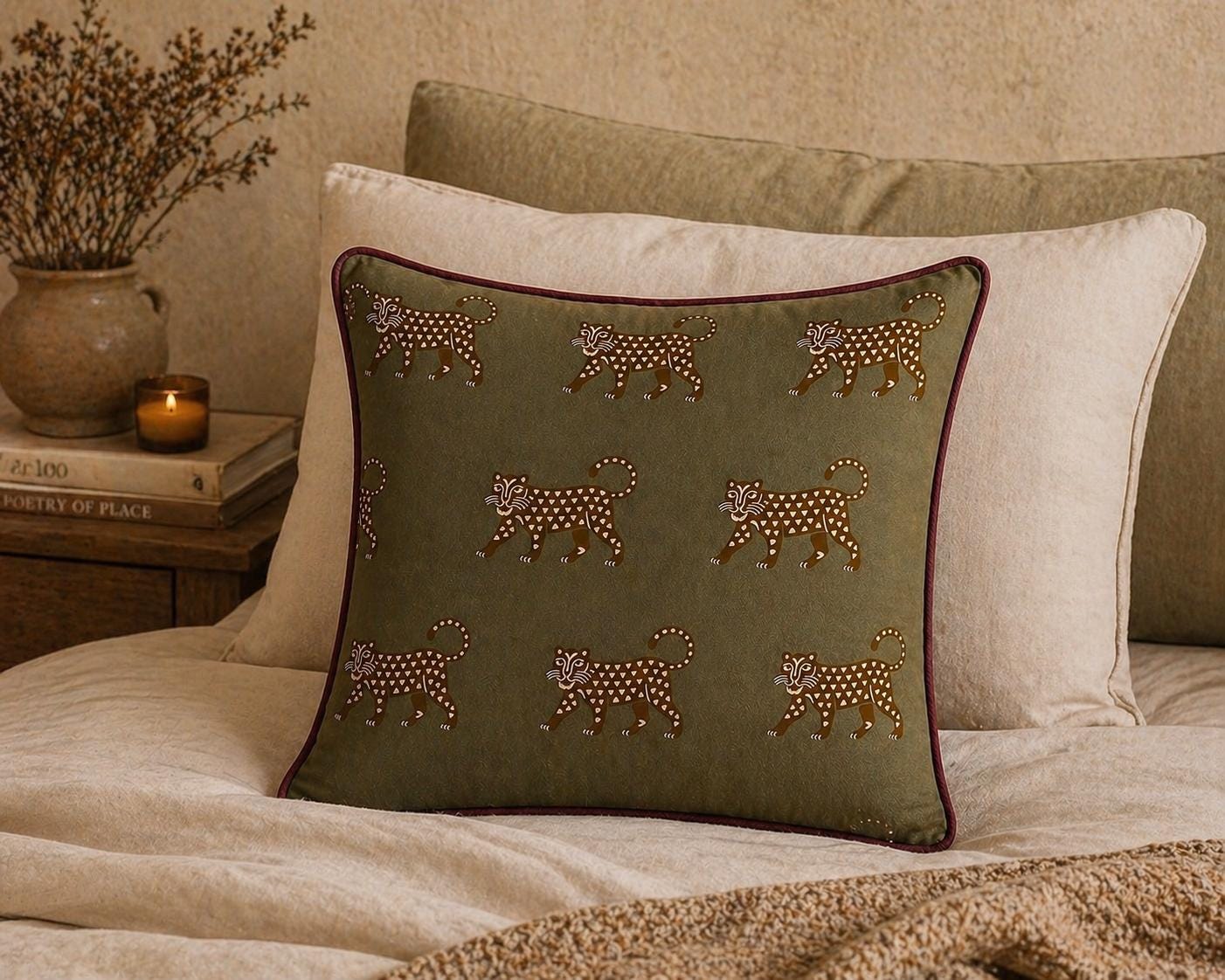 Olive Jaguar Velvet Pillow Cover, Wine Piping Decorative Cushion, 18x18