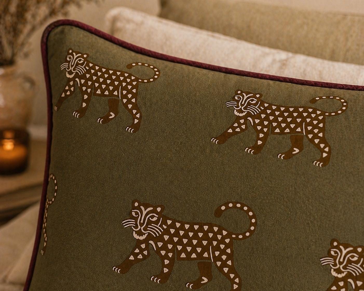 Olive Jaguar Velvet Pillow Cover, Wine Piping Decorative Cushion, 18x18